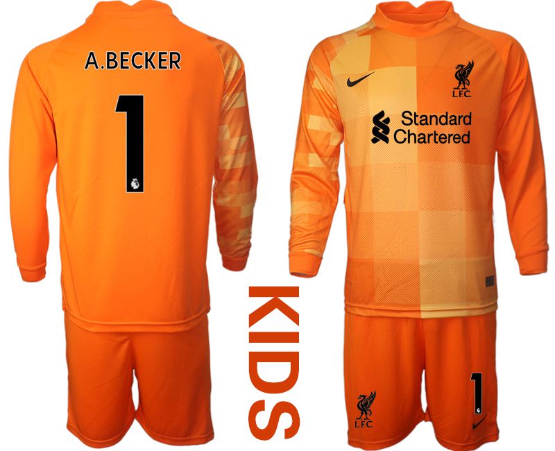 Youth 2021-2022 Club Liverpool orange red goalkeeper long sleeve #1 Soccer Jersey